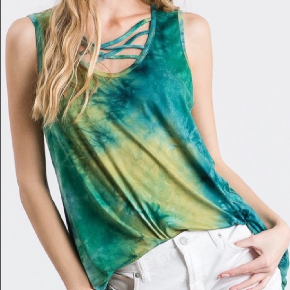 Sleeveless Crisscross Neck Tie Dye Tank